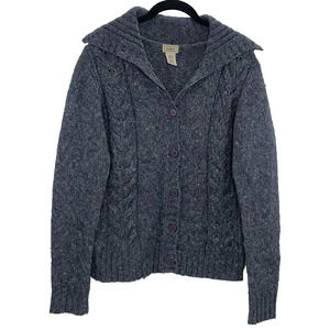 LL BEAN VTG Chunky Cable Knit Cardigan S Blue Purple Button Wool Shawl Neck EUC